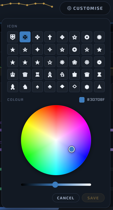 Party customisation modal — icon grid and colour wheel